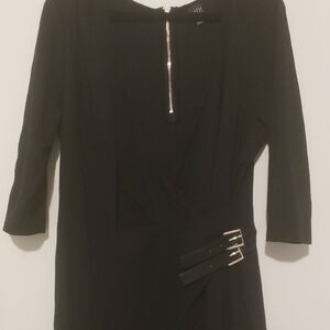 Black Sheath Dress Plunge Neck 3/4 Sleeve